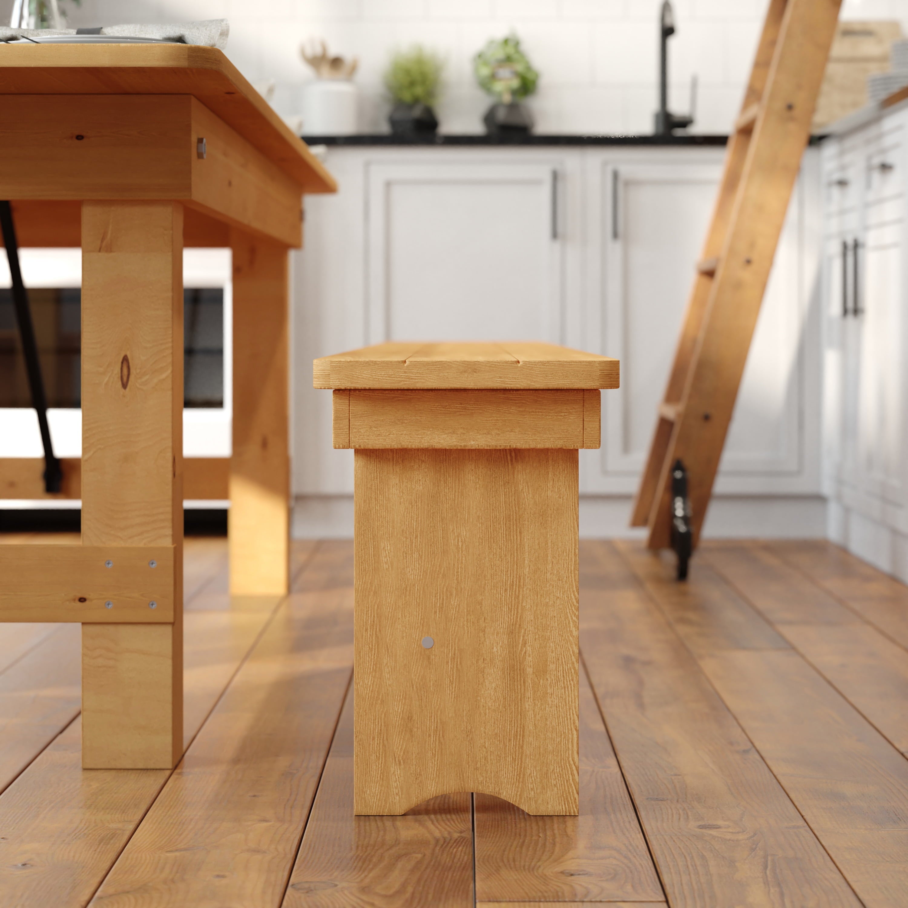 BizChair 8' x 12'' Antique Rustic Light Natural Solid Pine Folding Farm Bench with 3 Legs