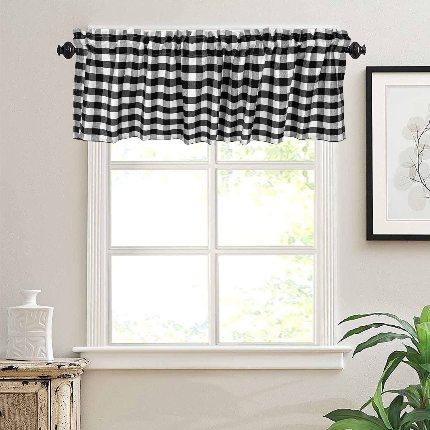 2 Pack Buffalo Check Plaid Window Valances Curtains White and Black, 16 x 56 inch, Blackout