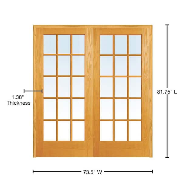 72 in. x 80 in. Both Active Unfinished Pine Glass 15-Lite Clear True Divided Prehung Interior French Door