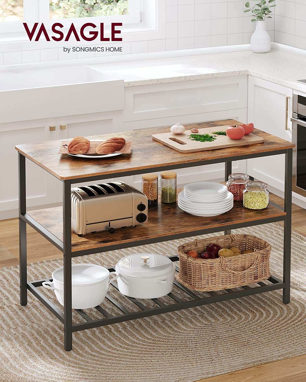 VASAGLE Kitchen Island with 3 Shelves Kitchen Storage Shelf Kitchen Baker’s Rack with Large Worktop