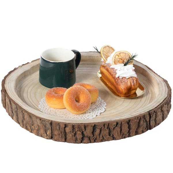 16 Dia in. Beige/ Cream Wood Tree Bark Indented Display Tray Serving Plate Platter Charger
