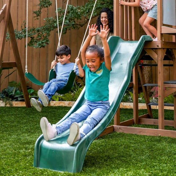 Wilderness Point Outdoor Wooden Swing Set/Playset with Table, Bench and Art Panel