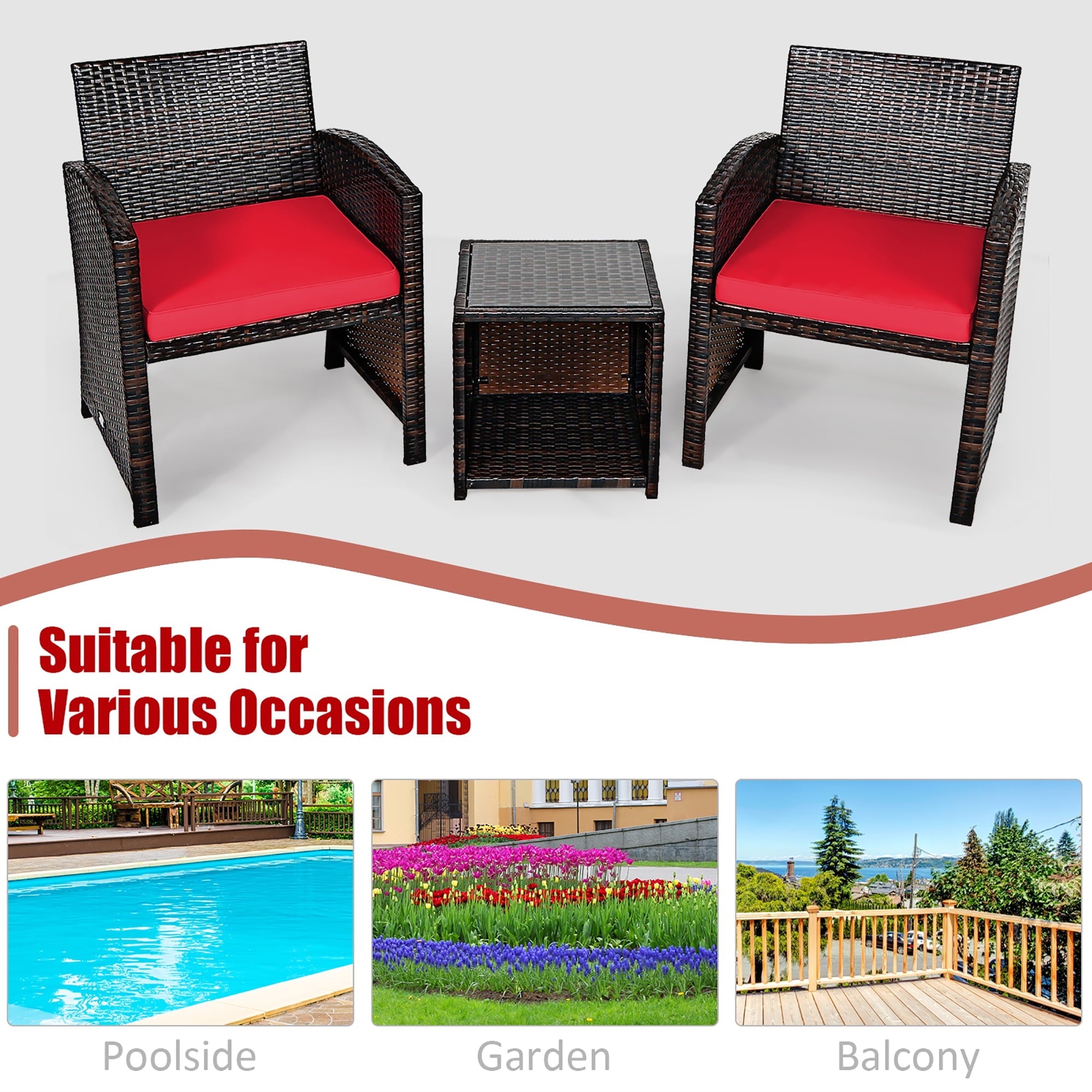 Costway 3PCS Patio Rattan Wicker Furniture Cushion Sofa Coffee Table Red