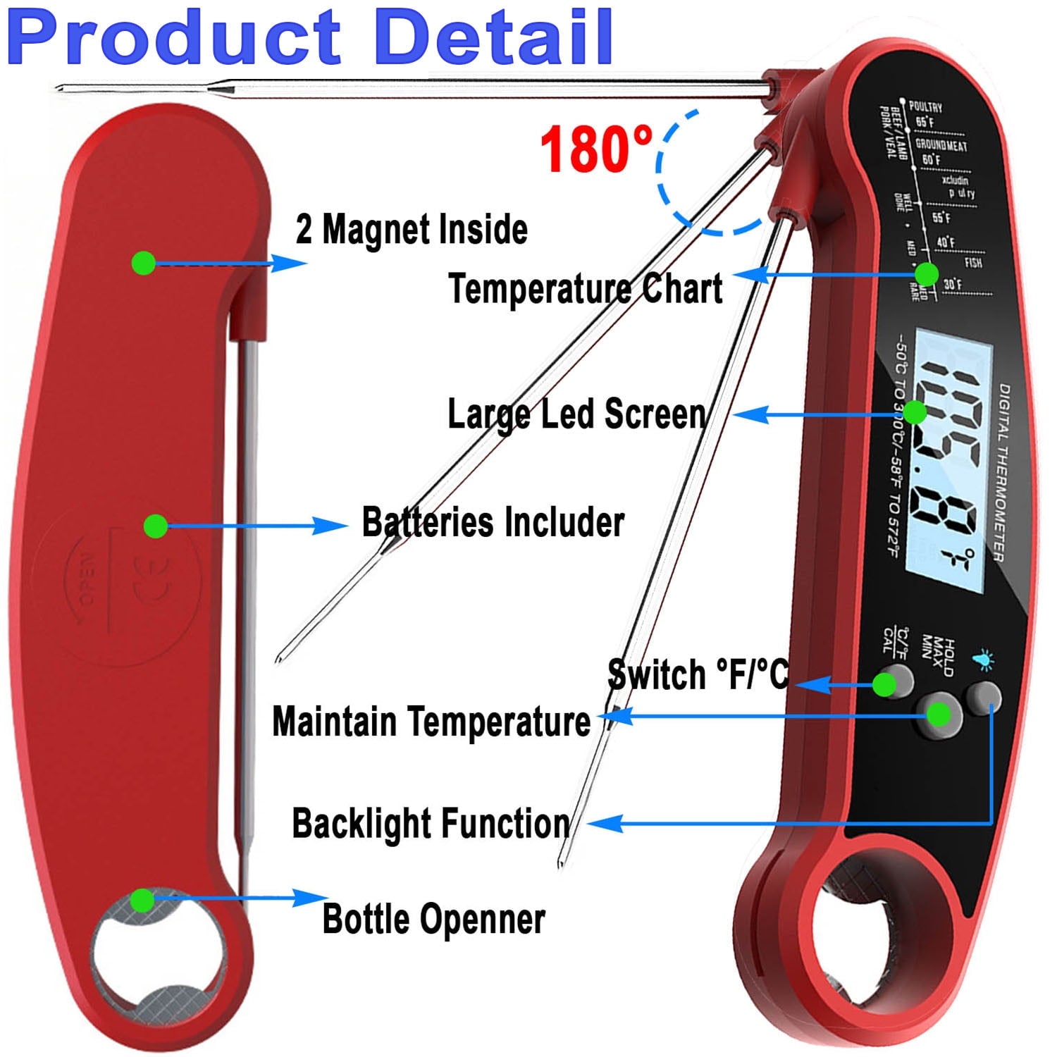 Digital Meat Thermometer with Probe for Cooking and Grilling,Ultra Fast Instant Read Food Thermometer,Waterproof Kitchen Wireless Grill Thermometer for BBQ Candy Baking with Backlight & Magnet