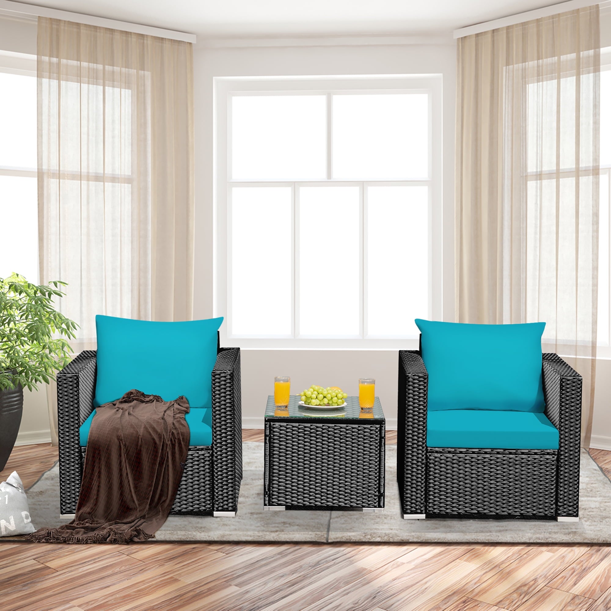 Costway 3PCS Patio Rattan Wicker Furniture Set Sofa Table W/Cushion Turquoise