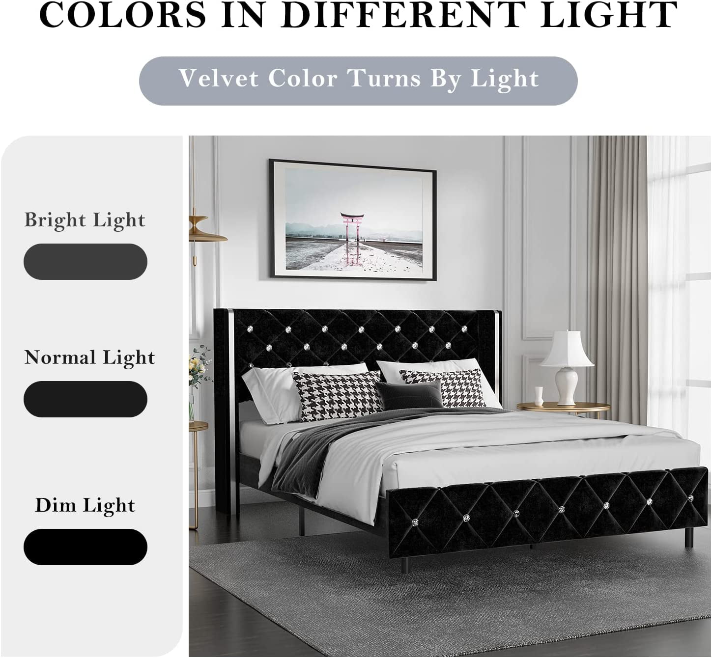 Catrimown Queen Size Bed Frame, Upholstered Platform Bed Frame with Wingback Diamond Tufted Headboard, Black