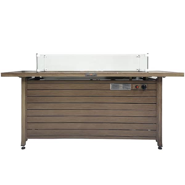 59 in. x 21 in. Rectangle Extruded Steel Propane Fire Table with Wind Glass, Cover and Lid-Natural Wood Look