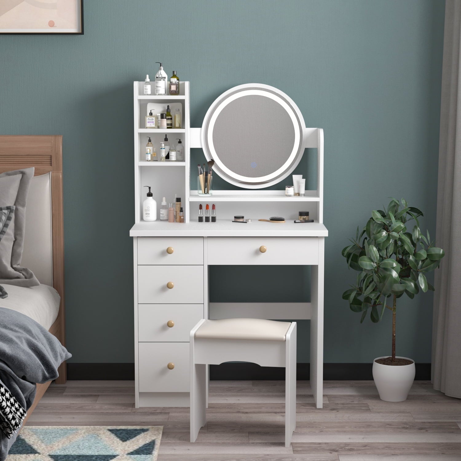 Makeup Vanity Dressing Table with 5 Drawers and Shelves, Vanity Set with Lighted Round Mirror, White Dresser Desk and Cushioned Stool Set