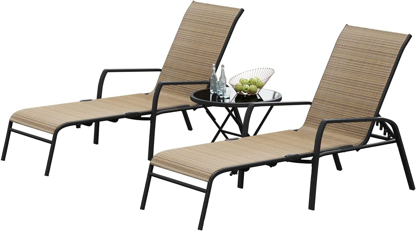 Devoko 3 Pcs Outdoor Chaise Lounge Steel Chair Sets Adjustable Backrest with Tempered Glass, Beige