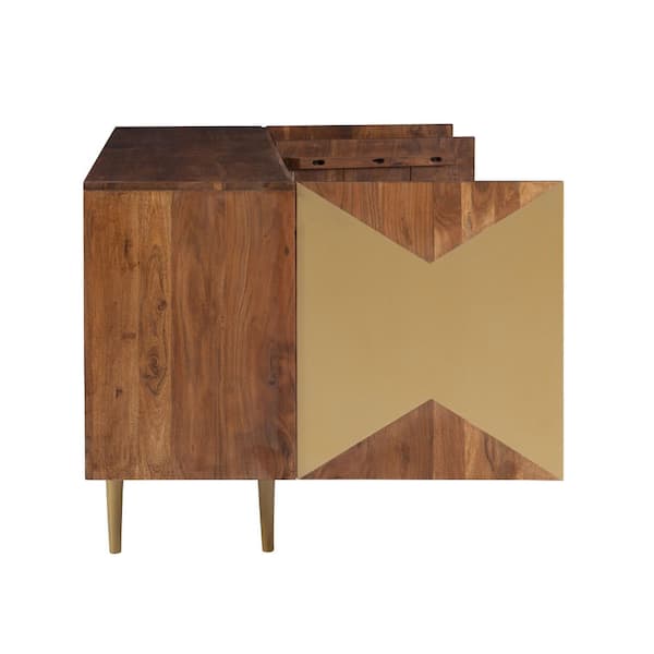 Kinsey 58 in. W Warm Wood Finish 30 in. H Rectangular Acacia Console Table with 3-Gold Door Panels and 4-Shelves