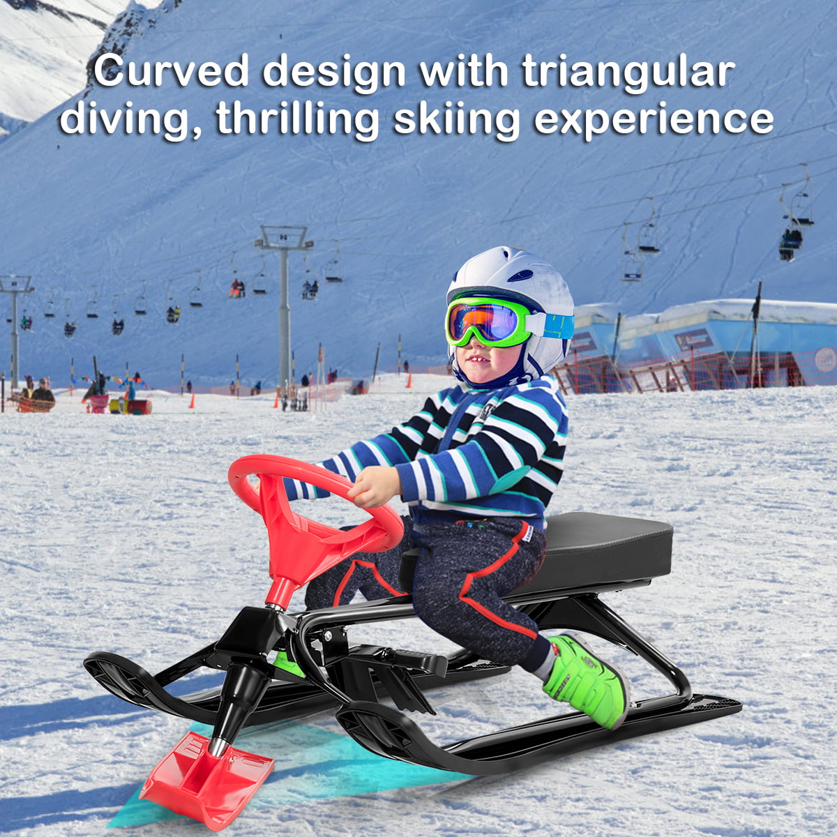 Costway Metal Snow Racer Sled w/Steering Wheel and Brakes Kids Snow Sand Grass Sliding Black & Red