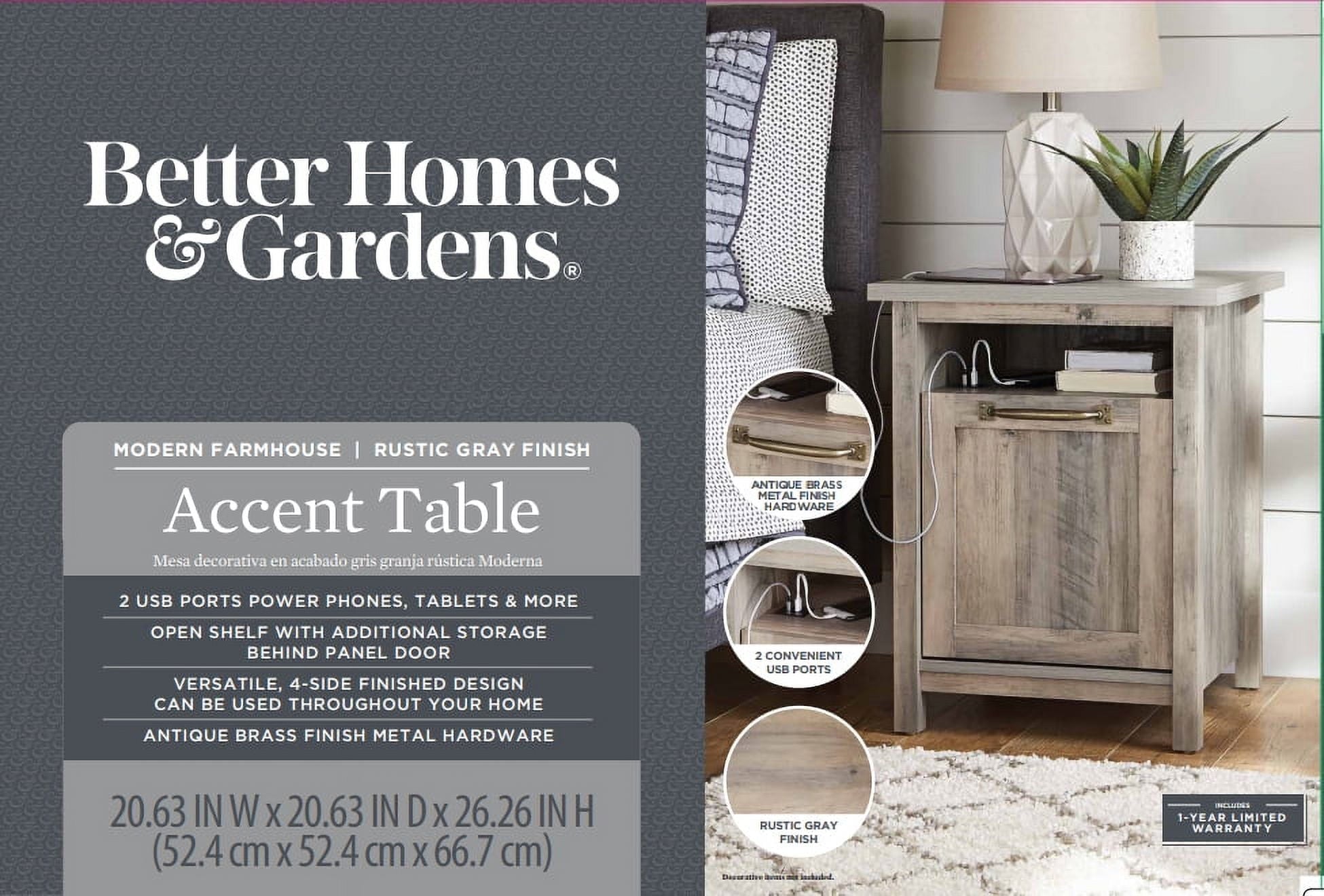 Better Homes & Gardens Modern Farmhouse USB Nightstand, Rustic Gray