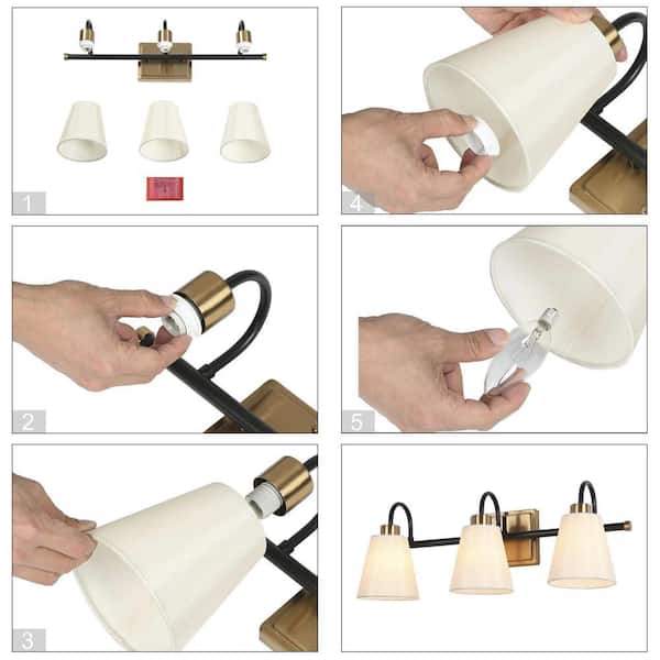 Modern Classic 3-Light Matte Black and Plating Brass Vanity Light with White Cone Fabric Shades