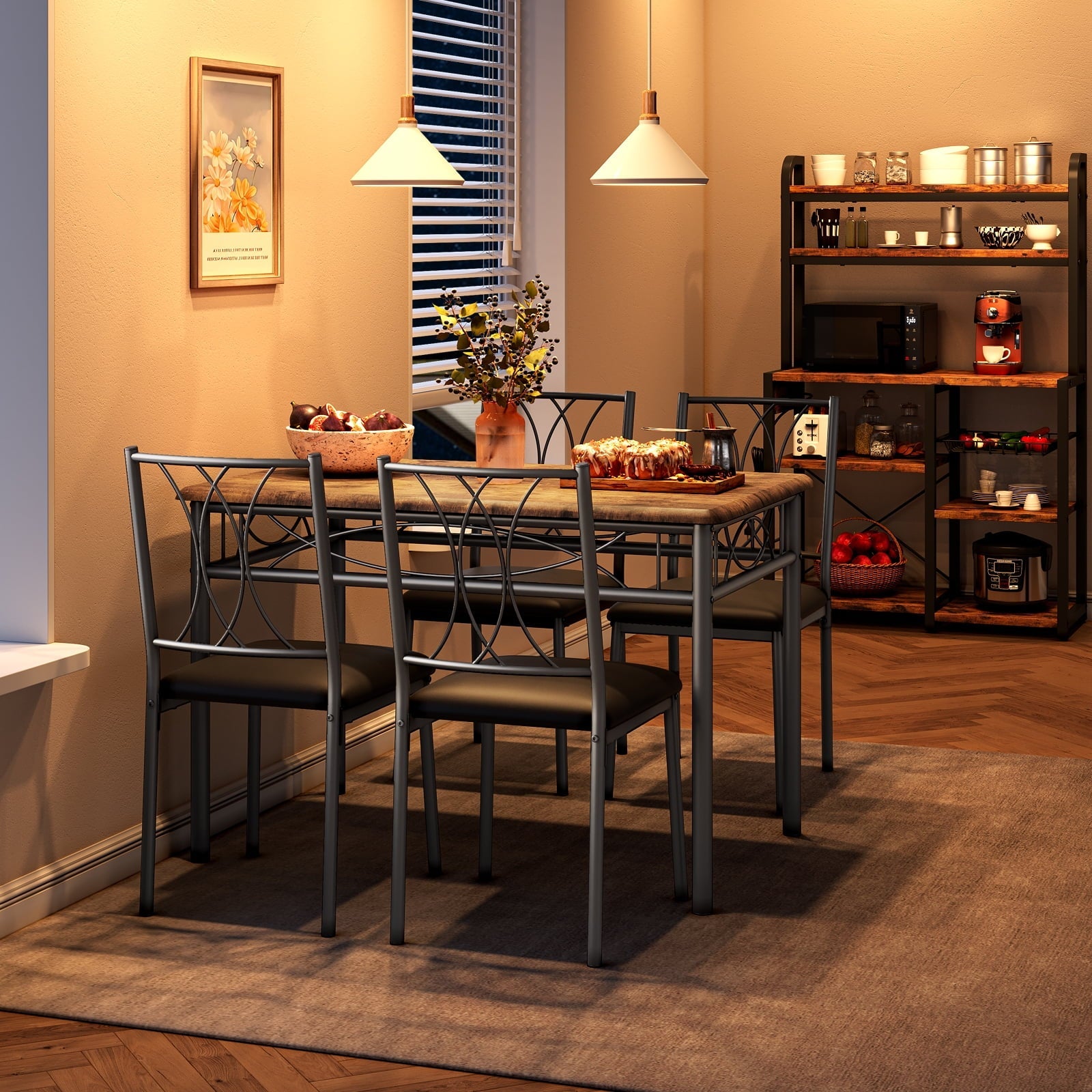 Yesfashion 5 Piece Kitchen Table Set, Metal and Wood Rectangular Dining Room Table Set with 4 Upholstered Chairs