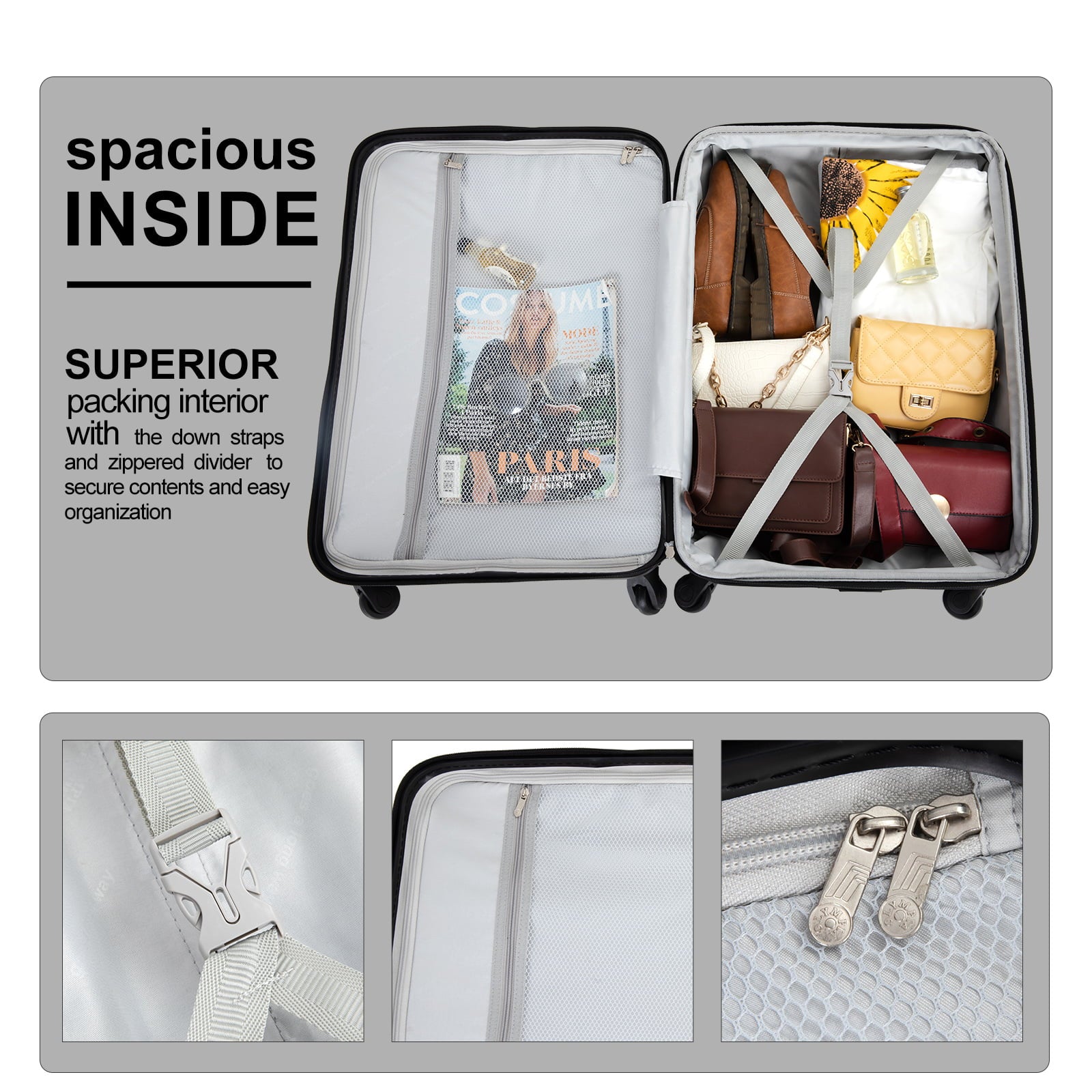 Travelhouse 3 Piece Luggage Set Hardshell Expandable Lightweight Suitcase with TSA Lock Spinner Wheels 20in24in28in.(Black)