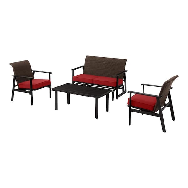 Morgan Springs Brown 4-Piece Woven Outdoor Padded Wicker Deep Seating Set with CushionGuard Chili Red Cushions