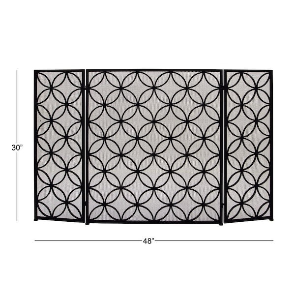 Black Metal Geometric Foldable Mesh Netting 3 Panel Fireplace Screen