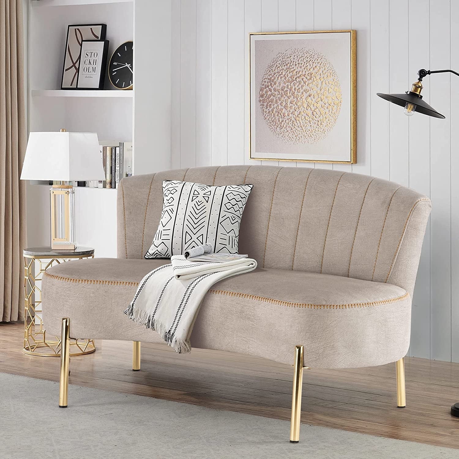 Andeworld Upholstered Small Sofa Couch Modern Loveseat Accent Ottoman Bench Bed Bench Entryway Bench with Backrest for Living Room Bedroom Beige