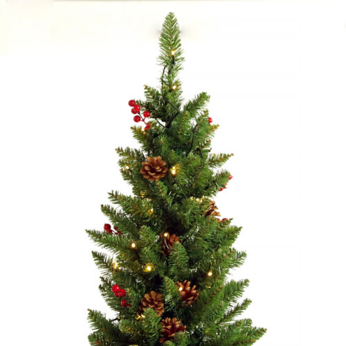 7.5FT Slim Pre-Lit Artificial Christmas Tree Xmas Cones & Berries Decor with LED