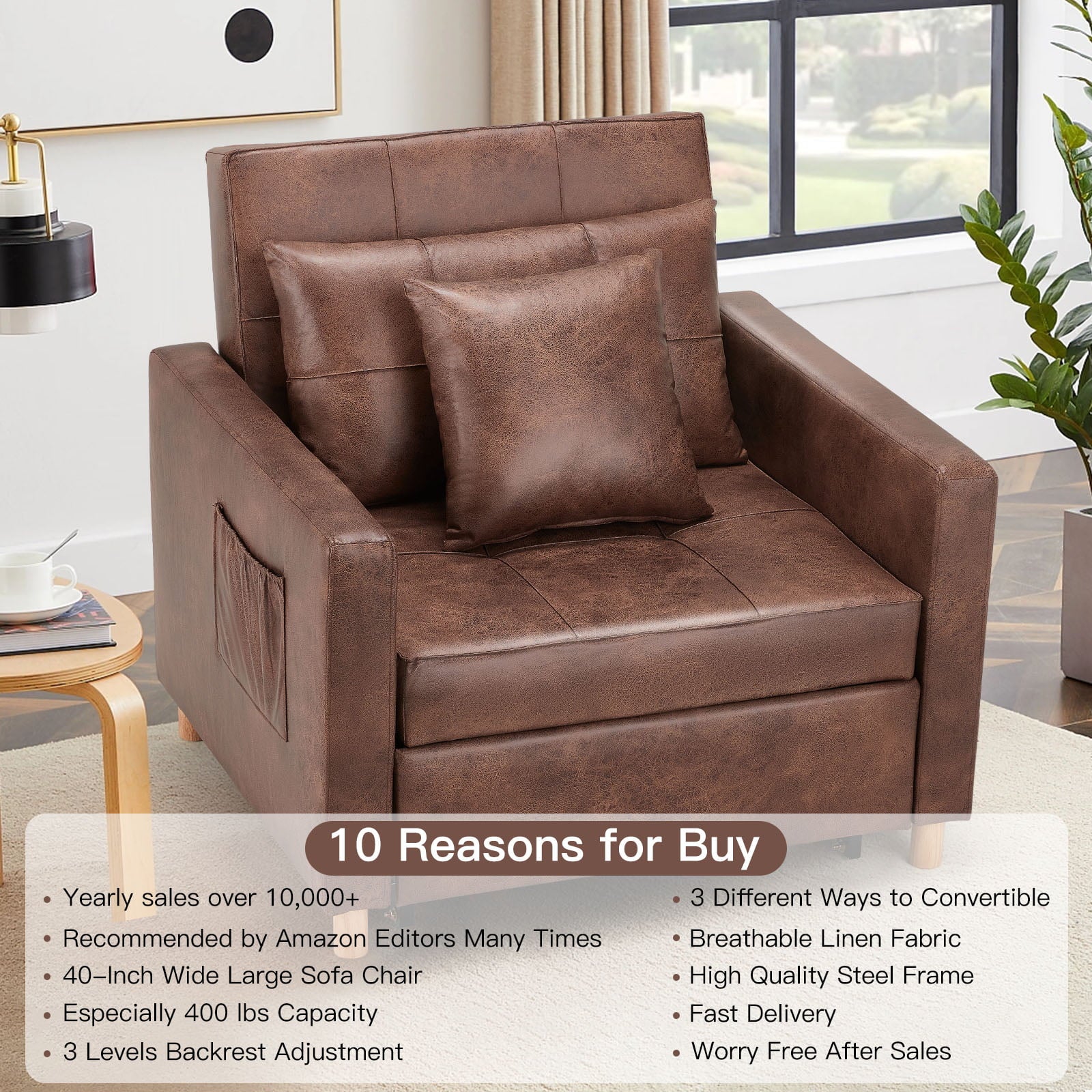 YODOLLA 3-in-1 Sofa Bed Chair, Convertible Sleeper Chair Bed-Saddle Brown