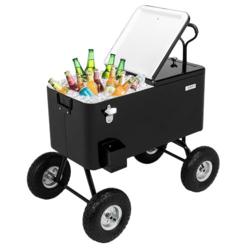 80 Quart Wagon Rolling Cooler Party Ice Chest, w/ Long Handle and 10" Wheels