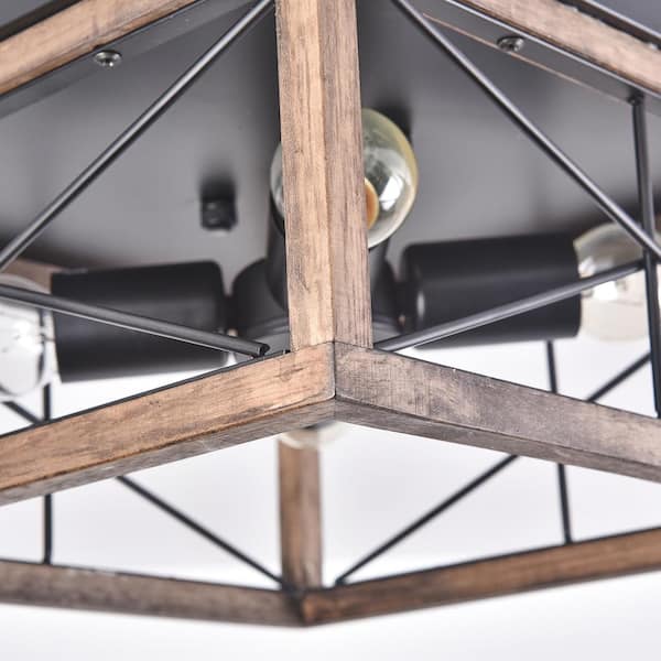 12.6 in. 4-Light Farmhouse Rustic Square Wooden Flush Mount Ceiling