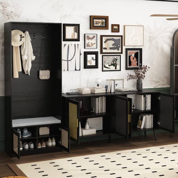 Black Wooden Hall Tree with Shoe Storage Bench with 4 Shelves, Soft Seat and Metal Hooks for Door Side Storage