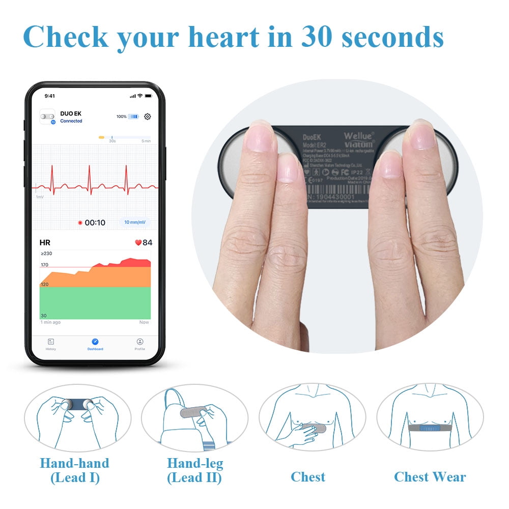 ECG Monitor | Portable EKG Heart Rate Monitor | Wireless Handheld and Strap Chest Wearable | 30s - 15mins Measurement | Free App and Bluetooth | DuoEK