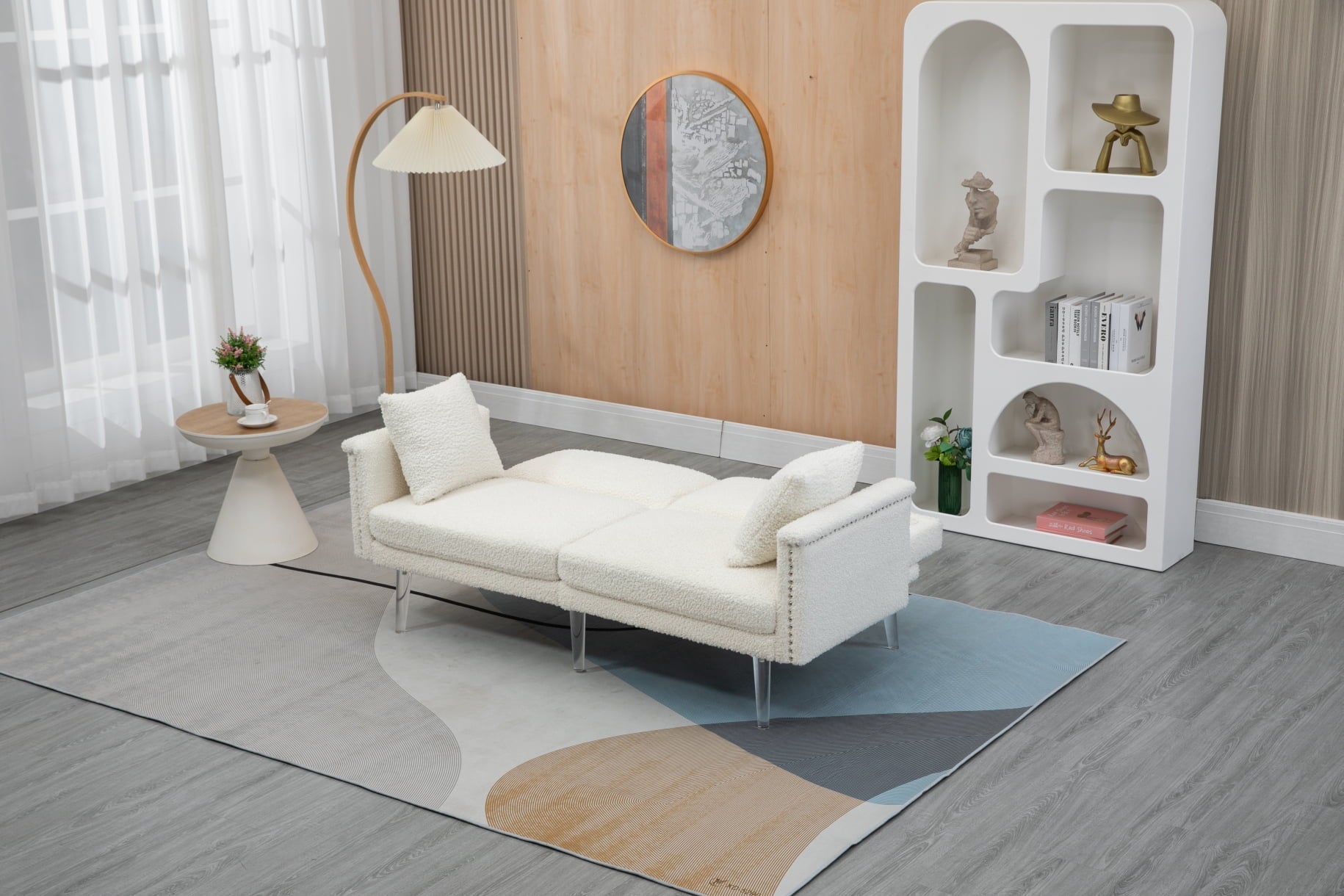 Loveseat Sofa, Modern Polyester Upholstered Accent Sofa Couch with Low Back and Acrylic Feet, 2-Seater Convertible Sleeper Bed Futon Sofa with 2 Pillows for Living Room Bedroom Office, White