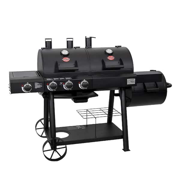 Texas Trio 4-Burner Dual Fuel Grill with Smoker in Black