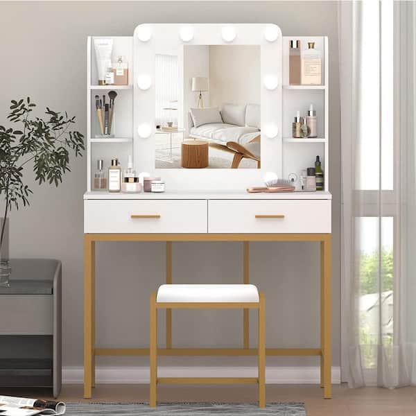 White 35 in. Vanity Table with Lighted Mirror Dressing Table Bench with LED Lights and Cushioned Stool