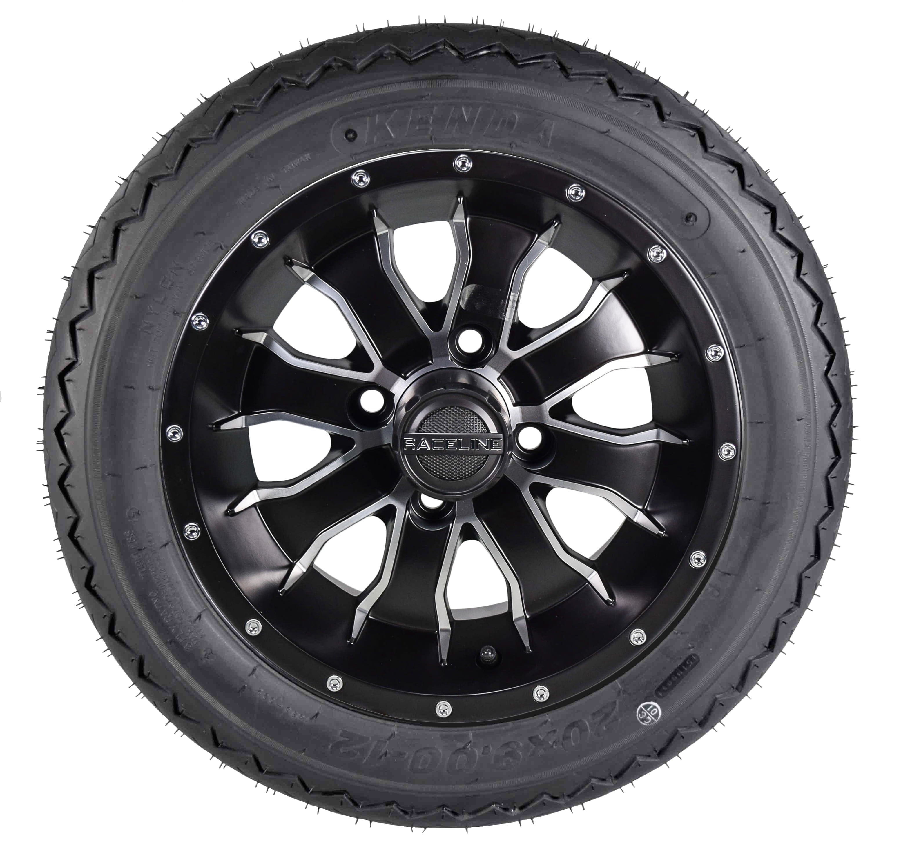 Kenda K389 20x9-12 Golf Cart Turf Front Rear Tire & 12x7 4/101.6 +5 (4x4) Black Wheel Kit for Non-Lifted Golf Carts or Golf Carts with 1