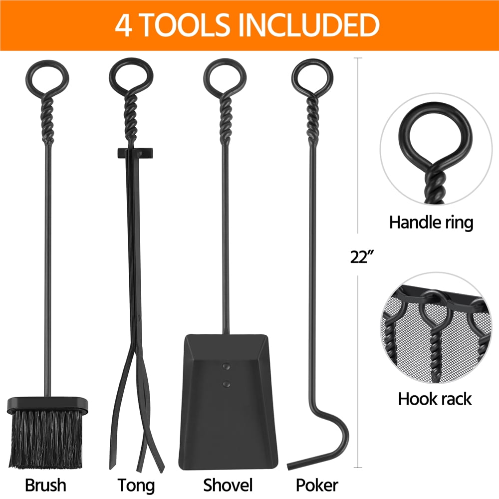 Topeakmart Firewood Rack Firewood Log Holder Rack Fireplace Tool Rack with 4 Tools, Black