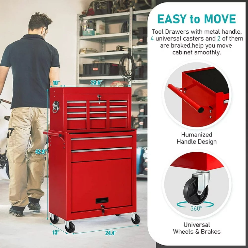 2-IN-1  Tool Chest & Cabinet, Large Capacity 8-Drawer Rolling Tool Box Organizer with Wheels Lockable, Red