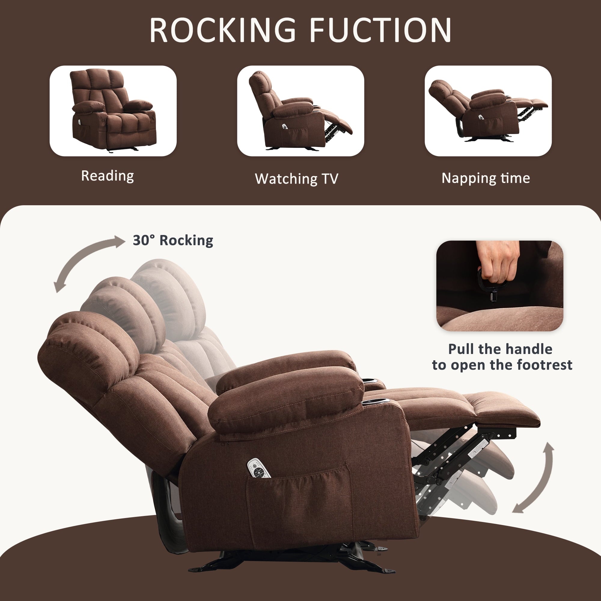 JONPONY Manual Recliner Chair with Heat Therapy and Massage Function, Heavy Duty Reclining Mechanism Massage Chair, Elderly Single Rocker Sofa with Cup Holders for Bedroom Home Theater,Brown