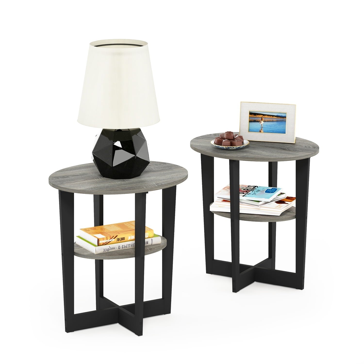 Furinno JAYA Oval End Table, Set of Two, French Oak Grey/Black