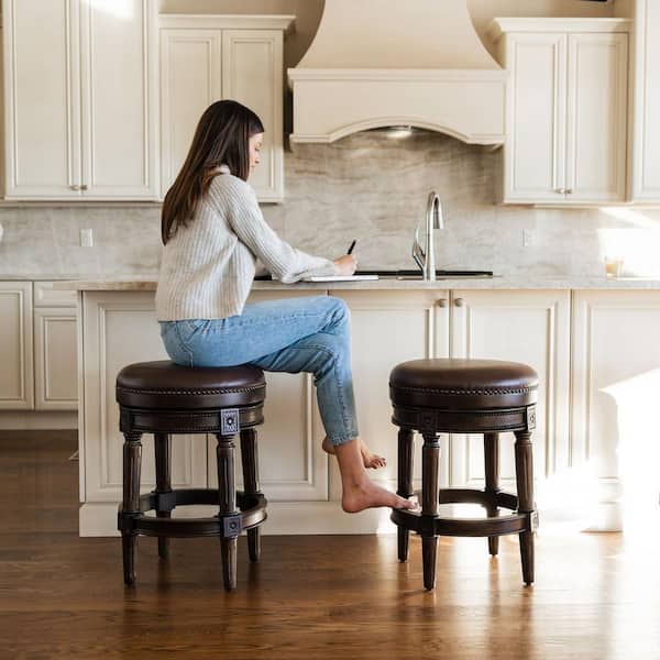 Pullman 31 in. Dark Walnut Backless Wooden Bar Stool with Luxe Vintage Brown Vegan Leather Upholstered Seat