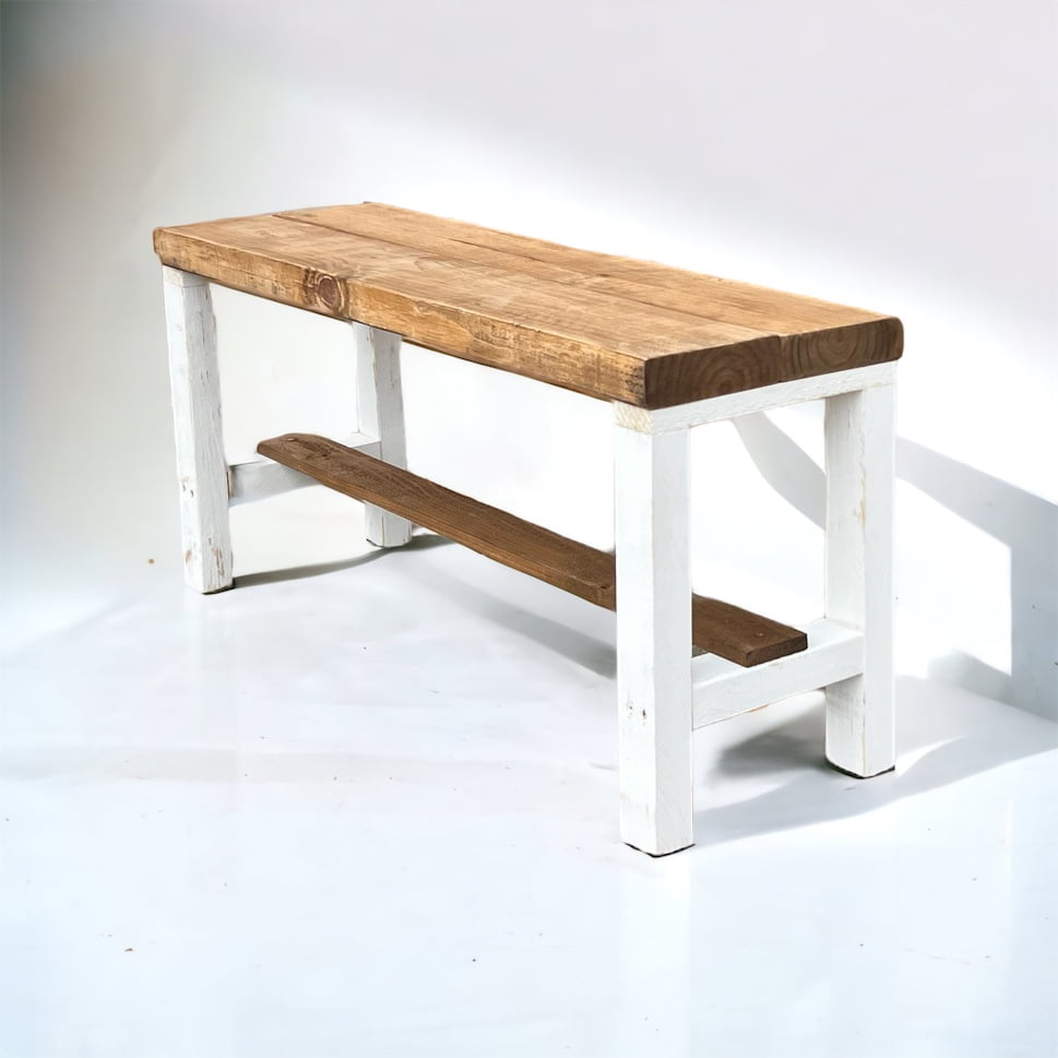 Rustic Bella Two Tone Real Solid Wood Entryway Accent Bench, White and Walnut