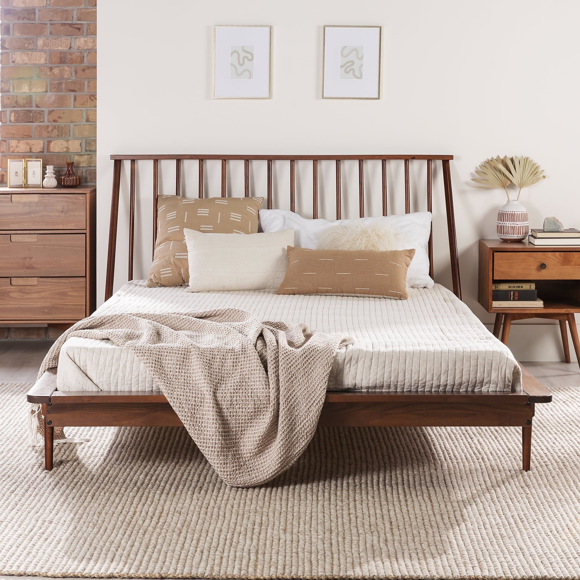 Walker Edison Modern Boho Queen Size Solid Wood Platform Bed, Walnut