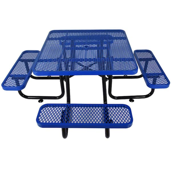 Blue Square Metal Outdoor Picnic Table with Umbrella Hole