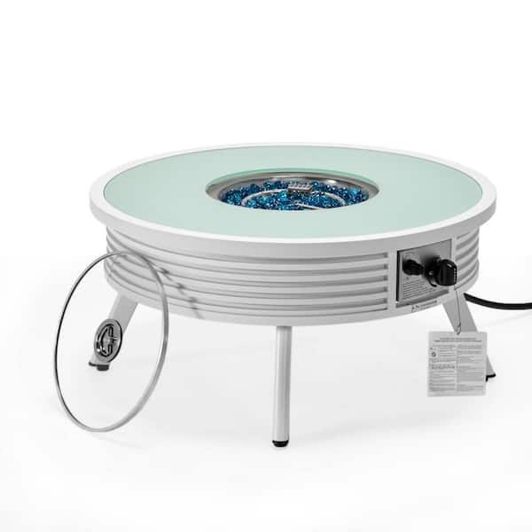 Walbrooke Modern White Patio Round Fire Pit Table with Aluminum Slats Frame