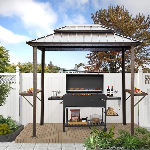 Grill Gazebo 8 ft. x 6 ft. Aluminum BBQ Outdoor Metal Frame Shelves Serving Table Double Roof Hard top for Lawn Backyard