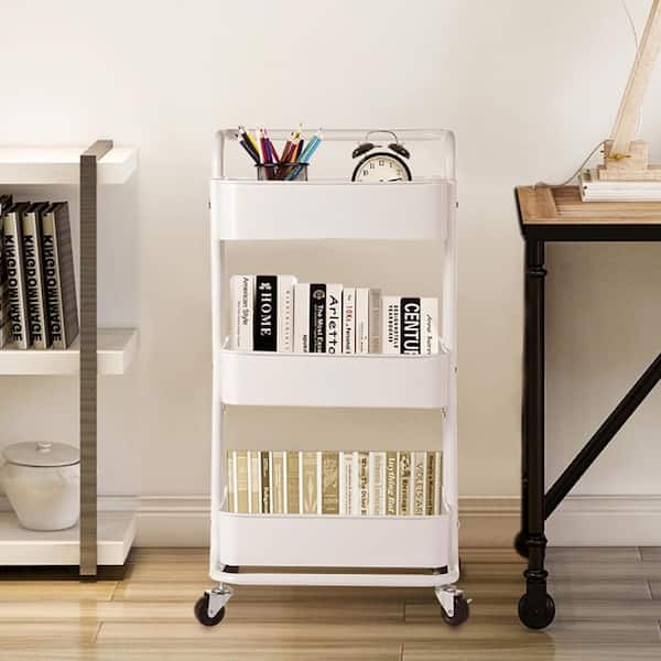 Heavy Duty Steel 3-Tier Rolling Cart with Wheels & Handle, Home Office Storage Cart Utility Cart in White