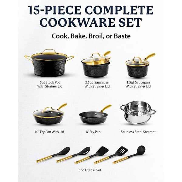 Charleston Collection 15-Piece Aluminum Hammered Nonstick Cookware Set with Utensils in Black