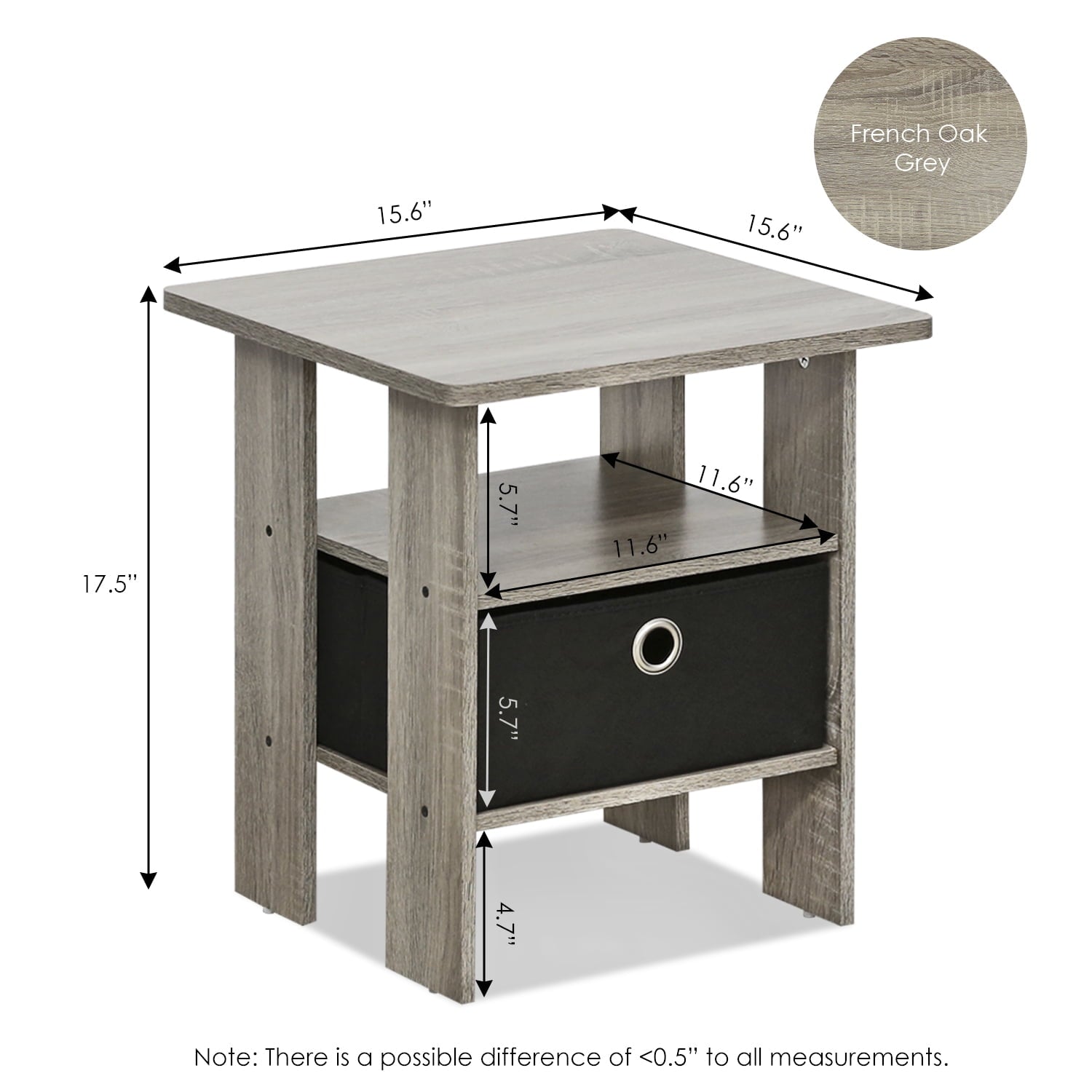 Furinno Andrey End Table Night Stand with Bin Drawer, Black/Gray, Wood, Rectangular