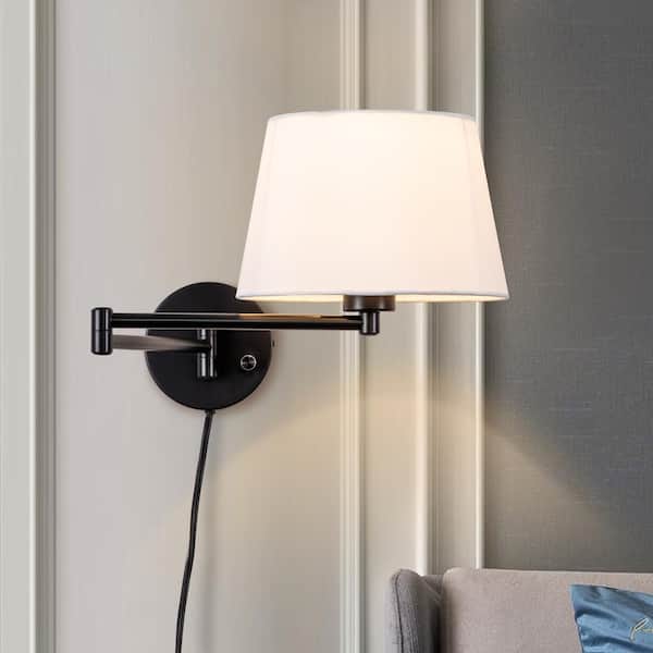 1-Light Black Plug-In Swing Arm Wall Lamp with Linen Shade Set of 2