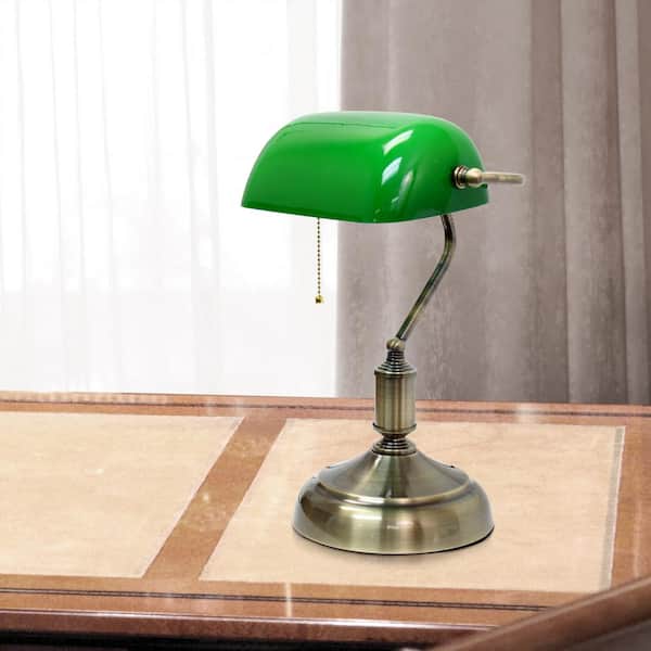 14.75 in. Executive Banker's Green Glass Shade Desk Lamp with Antique Nickel Base