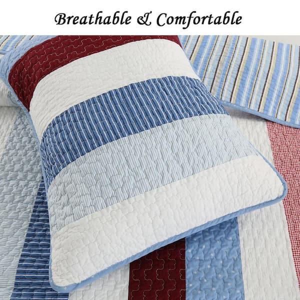 Stripes Stars Sailor Navy Patriotic Nautical 3-Piece Red Blue White Cotton Queen Quilt Bedding Set