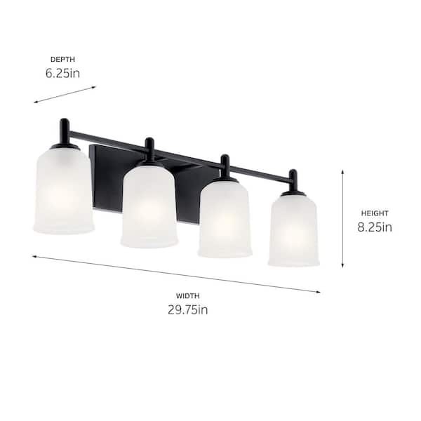 Shailene 29.75 in. 4-Light Black Traditional Bathroom Vanity Light with Satin Etched Glass