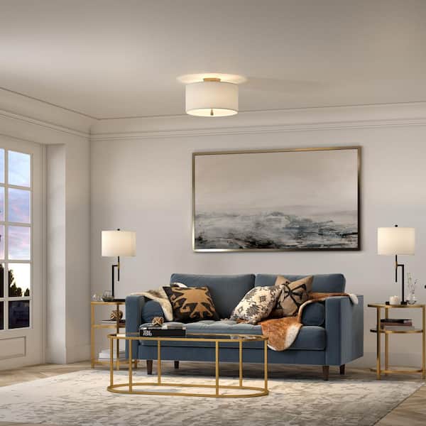 Ellis 16 in. Brass and White Semi Flush Mount with Fabric Shade